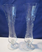 Pair Vtg Fine Crystal Etched Floral Design Bud Vases Flared 9&quot; tall - £23.70 GBP