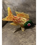 Large Murano Style Hand Blown Art Glass Fish Figurine Yellow Green and Red - $44.54