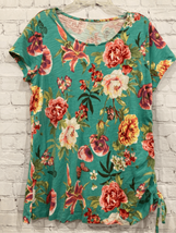 Belle by Kim Gravel Women Medium Pullover Top Green Floral Tropical Ruched Side - £16.25 GBP