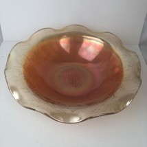 Vintage Iridescent Marigold Carnival Glass Decorative Bowl  Leaf Etched Design - £11.39 GBP