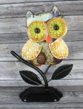 OWL Metal Decorative on Stand Mosaic Wings Gems Floral 12.5&quot; Tall Brown Orange - £11.33 GBP