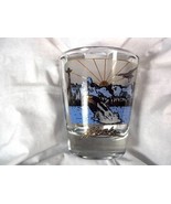 Alaska souvenir paneled shot glass blue black gold on clear Orcas 2 panels - $9.53 CAD