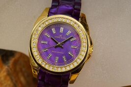 Anne Klein Quartz Watch Rhinestone Costume Jewelry Purple Enamel Metal Band - $20.69 CAD