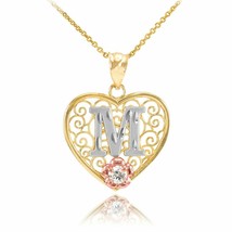 10k Solid Gold Initial Letter M Heart Filigree CZ Pendant Necklace - £95.80 GBP+