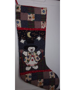 Vintage  Quilted Appliqued Snowman With Jingle Bells Christmas Stocking - $19.99