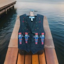 Karen Scott Black Velvet EMBROIDERED CHRISTMAS VEST Toy Soldiers/Music S... - $9.90
