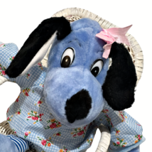 Blue White Striped Dog Plush Stuffed Animal Pink Bow 12 Inch Crazy Eyes VTG 90s - £5.41 GBP