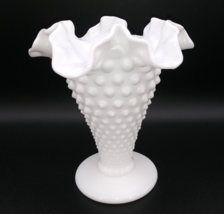 Vintage Fenton Small White Hobnail Ruffled Trumpet Vase fluted scalloped 5.5&quot; - £14.83 GBP