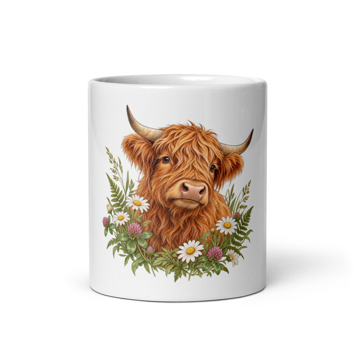 Digital mockup of Highland Cow Wildflower Mug - White Ceramic Coffee Cup 11 oz - Animal Lover Gift