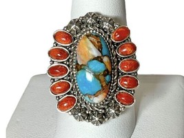 Southwestern 925 Spiny Oyster Turquoise And Coral Ring Size 10 Detailed Sterling - £116.68 GBP