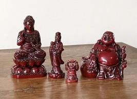 Red Resin BUDDHA &amp; KWAN YIN Figurines, 4 Pc Collection, Small Feng Shui Statues - £14.38 GBP