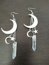 Moon Crescent Star Quartz Crystal Moon Sliver Dangling Chains 4&quot; Long Earrings - £14.78 GBP