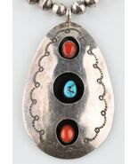 Silver Navajo Shadow Box Pendant w/ Turquoise and Coral Cabochons &amp; silv... - €642,12 EUR