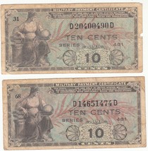 Lot of (2) MILITARY PAYMENT CERTIFICATES Series 481 - Ten Cents (1951 - ... - $14.99