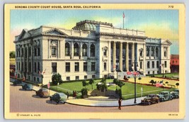 Postcard Sonoma County Court House Santa Rosa CA US Flags Old Cars Linen - £5.46 GBP