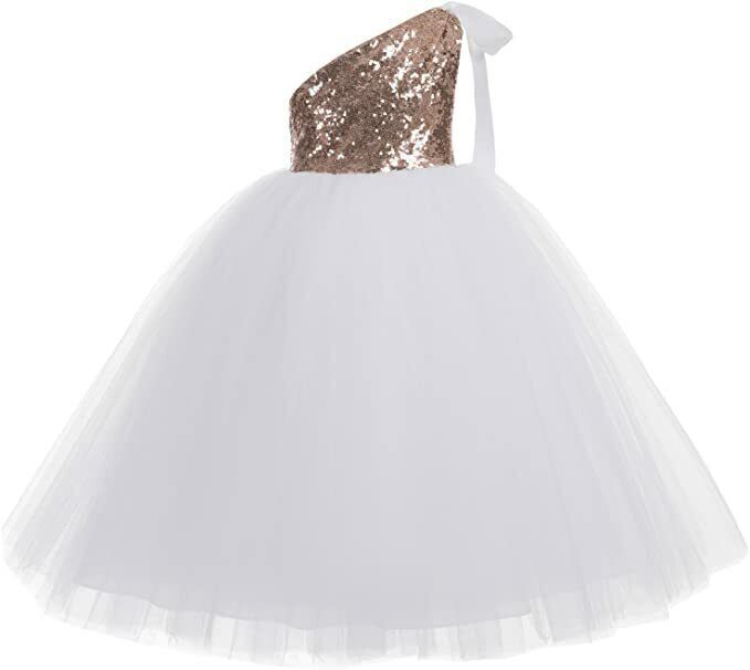 Primary image for ekidsbridal One-Shoulder Sequin Tutu Wedding Dress Pink/White Size 3