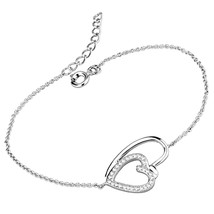 Silver Plated Sideways CZ Heart Hollow Bracelet Charm Women&#39;s Girls Jewelry 7+1&quot; - £56.27 GBP