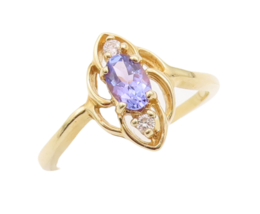 14K GOLD Vintage Ring Designer Cut Flower Purple Gemstone &amp; Diamond  Sz ... - £307.34 GBP