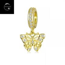 Butterfly Dangle Charm Genuine 925 Sterling Silver With Gold Plating And CZ Mum - £16.18 GBP