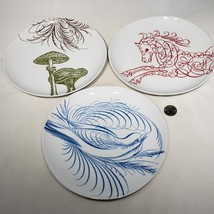 Set of 3 West Elm Sesame Letterpress Calligraphy 8.75&quot; Plates Horse Bird Mushrom - $42.95