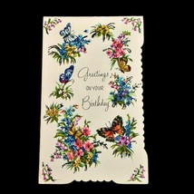 Happy Birthday Card 1950s Butterflies and Flowers MCM Sparkly Vintage Un... - $6.79
