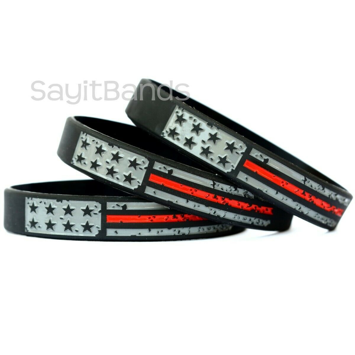 Primary image for 50 Worn Distressed USA Flag Wristbands - The Thin RED Line Fire Services Bands