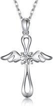 Cross Silver Necklace for Women, 18K Gold Plated Simple Pendant 5A Zircon Wings - £12.43 GBP
