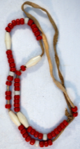 Tribal Design Necklace with Red &amp; White Glass Beads on Leather Strap - £10.37 GBP