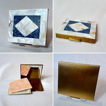 Vtg Mother Of Pearl Compact Metallic Blue Accented Gold Tone Mirrored Po... - $39.55