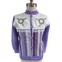 Vtg Y2k 80s 90s Hand Knit  Sweater Quilt Square Cottagecore  Purple /Whi... - $39.20