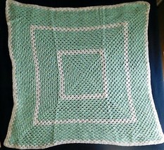 AFGHAN Blanket BABY SOFT Handmade Crochet Pastel Green &amp; White 33&quot; x 33&quot;... - $34.49