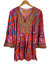 Soft Surroundings Tunic Top Size Medium Womens Coral Orange Embroidered Beaded - £43.79 GBP