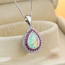 3Ct Pear Cut Lab-Created Fire Opal and Red Ruby Halo Necklace Pendant 925 Silver - £107.11 GBP
