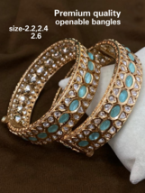 Gold Plated Indian Bollywood Style Kundan Bangle Polki Bracelet Blue Jewelry Set - £149.45 GBP