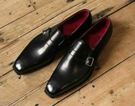 Handmade men monk strap shoes, men dress leather shoes, black office wear shoes - £101.68 GBP+