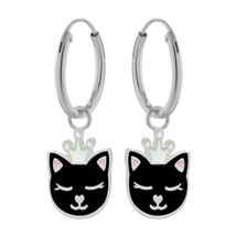 Black Cat with Crown 925 Silver Hoop Earrings - £13.48 GBP