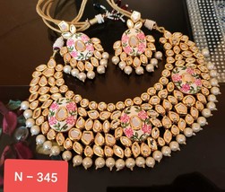 Gold Plated Choker Set Bollywood Indian Kundan Ethnic Meena Necklace Earrings 01 - £68.90 GBP