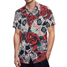 Mondxflaur Skull Rose Button Down Shirts for Men Short Sleeve Pocket Casual - £20.82 GBP