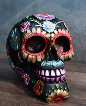Black Day of The Dead Colorful Floral Blooms Sugar Skull Macabre Figurin... - $26.99
