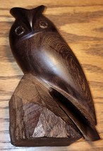 Horned Owl Hand Carved Solid Dark Wood Animal Sculpture  5 1/2&quot; H X  3 &quot; W - £15.57 GBP