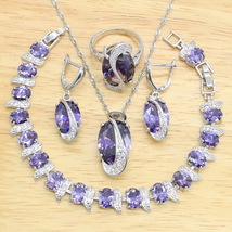 Charming Purple Amethyst 925 Silver Jewelry Sets For Women Wedding Bracelet Neck - £23.11 GBP