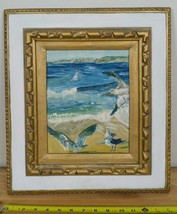 Folk Art Painting Art Acrylic on Board Framed Seagulls in Ocean Scene hk - £97.60 GBP