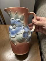 Vintage Royal Copley Pitcher Coral Blue Floral Relief Vase - £13.76 GBP