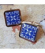 Unique &#39;HEARTS &amp; FLOWERS&#39; TILE CUFFLINKS chrome SPANISH wedding BLUE WHI... - €13,29 EUR