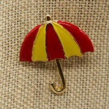 Cute vintage red &amp; yellow enamel over metal umbrella brooch - £9.57 GBP