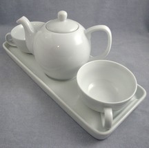 Pier 1 White Porcelain Tea Serving Set 28oz Strainer Spout Teapot 10oz Cups Tray - £18.07 GBP