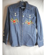 Vintage 60s 70s Floral Embroidered Shirt blue Denim look Sz M / 36 Blanq... - $59.99