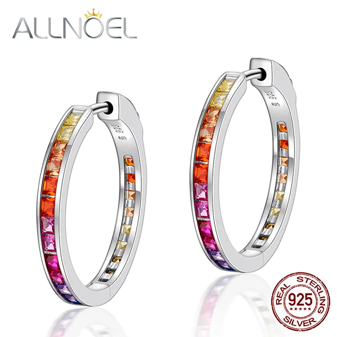 Hoop Earrings 925 Sterling Silver For Women Colorful Rainbow Zircon Crystal pend - £28.59 GBP