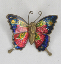 Vintage Brass And Colorful Glitter Enamel Butterfly Brooch Pin Costume Jewelry - £10.18 GBP