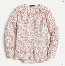 New J Crew Women Metallic Pink Floral Ruffle Neck Long Sleeve Peasant To... - £27.97 GBP